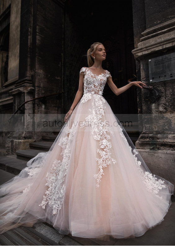 Beaded Cap Sleeve Ivory Lace Nude Tulle Romantic Wedding Dress